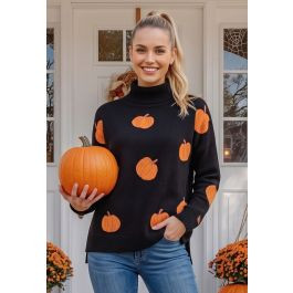 Haunted Pumpkin Jacquard Side Slit Oversized Sweater for Orchard Trip & Halloween Party | Chicwish