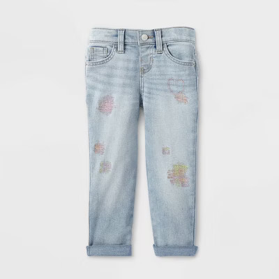 Toddler Girls' Adaptive High-Rise Embroidered Patch Girlfriend Jeans - Cat & Jack™ Light Blue | Target