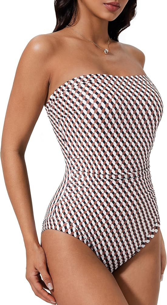 SUUKSESS Women One Piece Tummy Control Swimsuit Strapless Bandeau Bathing Suit | Amazon (US)