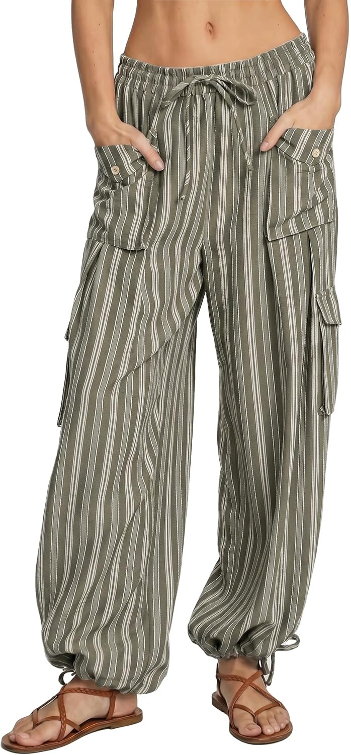Ladyful Women's Casual Striped Pants Boho Harem Joggers Palazzo Pant | Amazon (US)