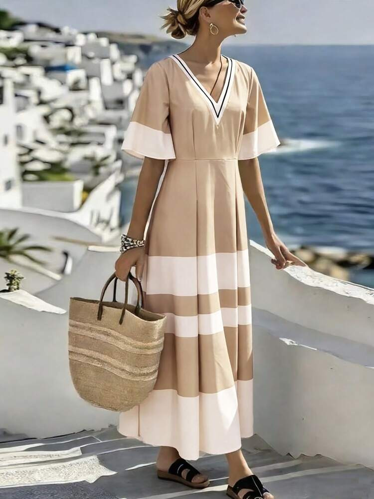 Louniche Women's Casual Vacation Colorblock Placement Print Deep V-Neck Ruffle Sleeve A-Line Dress, Spring/Summer | SHEIN