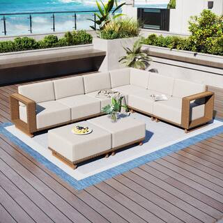 Brown Rattan Wicker 8 Seat 8-Piece Steel Outdoor Sectional Set with Beige Cushions and 2 Ottomans | The Home Depot