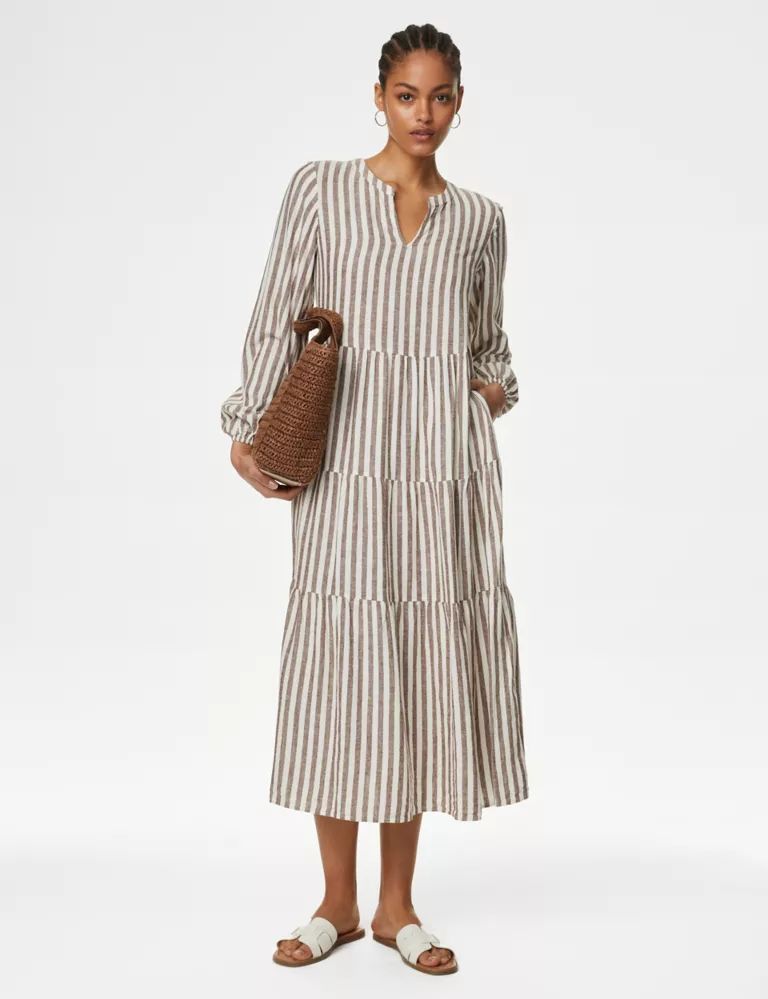 Linen Rich Striped V-Neck Midaxi Tiered Dress | Marks & Spencer (UK)