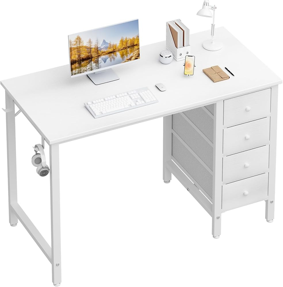 Lufeiya Small White Desk with Fabric Drawers, 40 Inch Kids Girls Teen Cute Study Desk for Bedroom... | Amazon (US)