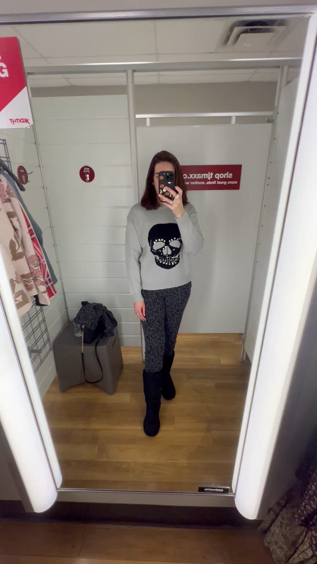 Skullhead sweater (small). Leopard lounge pants (small). Black mid-length uggs (9). #sweater #skullsweater #skullheadsweater #pants #loungepants #leopardpants #uggs #blackuggs #boots #halloween Halloween 
Fall Outfits Boots 

#LTKHalloween #LTKStyleTip #LTKFindsUnder100
