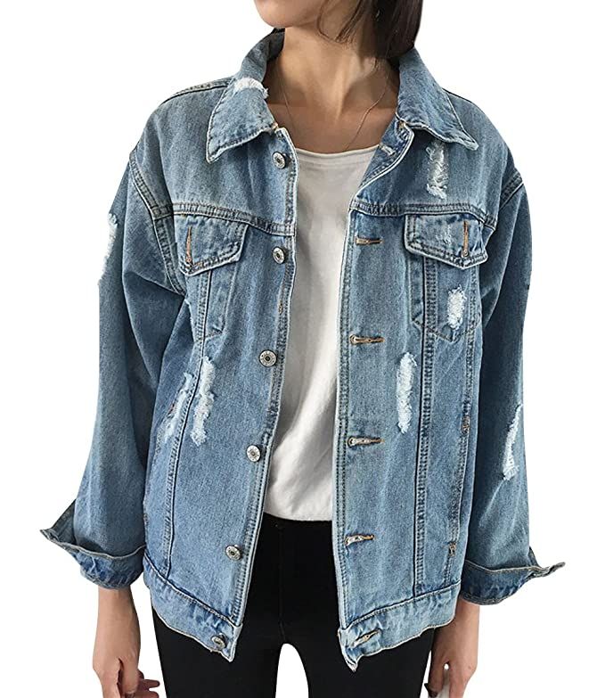 JudyBridal Oversize Denim Jacket for Women Ripped Jean Jacket Boyfriend Long Sleeve Coat | Amazon (US)