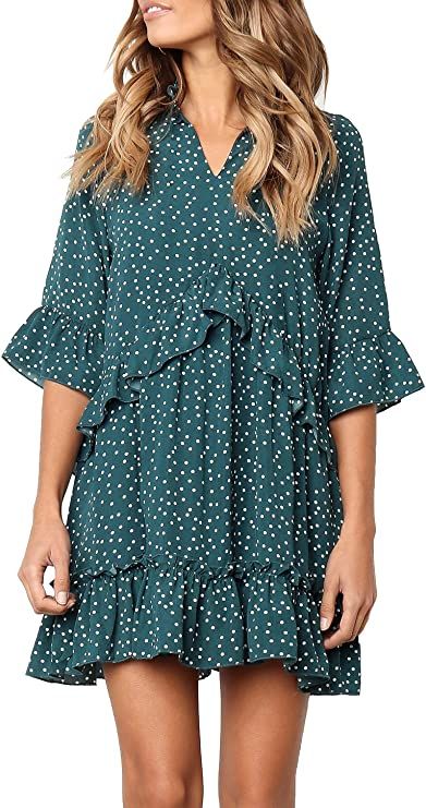 MITILLY Women's V Neck Ruffle Polka Dot Pocket Loose Swing Casual Short T-Shirt Dress | Amazon (US)