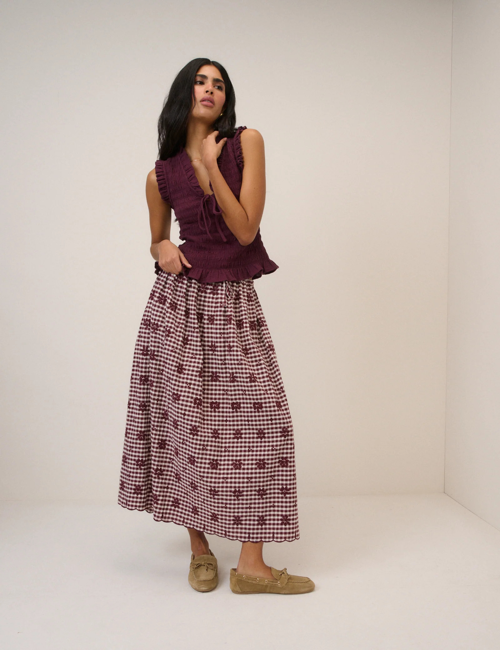 Burgundy Gingham Naples Midi Skirt | Nobody's Child