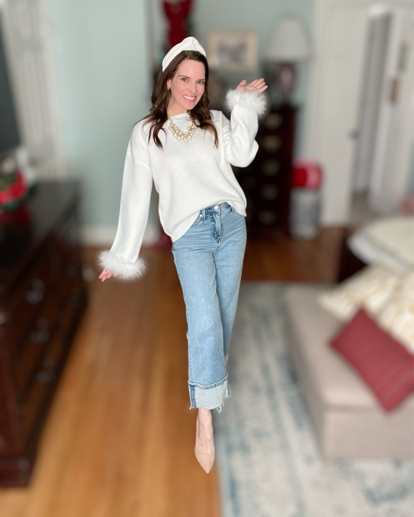 Chic & Cozy Winter White Outfit 🤍✨

This is one of those easy, polished looks that works for so many occasions 🤍 I love a soft winter-white sweater paired with cuffed denim — classic, flattering, and always in style. This sweater is unfortunately sold out, but I linked a very similar option with the same cozy feel and elevated details so you can recreate the look effortlessly.

I finished it with neutral pointed-toe heels for a dressed-up touch and added a statement pearl necklace to elevate the whole outfit. My necklace here is Lilly Pulitzer, but I linked several similar layered pearl styles at different price points that give the same chic, classic look ✨ The headband adds a little polish and pulls everything together beautifully.

Perfect for holiday gatherings, dinners out, church, or anytime you want something cozy but refined 🤍

Winter white outfit, cozy sweater outfit, cuffed jeans outfit, neutral heels outfit, pearl statement necklace, Lilly Pulitzer inspired jewelry, classic winter style, polished casual outfit, affordable outfit inspiration

#LTKHoliday #LTKFindsUnder50 #LTKFindsUnder100