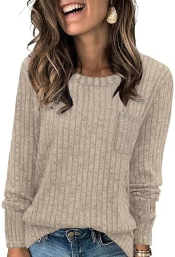 Womens Ribbed Knit Sweaters 2025 Fall Casual Long Sleeve Crewneck Pullover Tops with Pocket | Amazon (US)