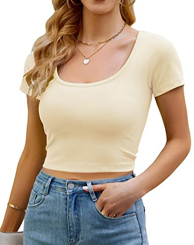 Artfish Women's Casual Short Sleeve Scoop Neck Fitted Workout Basic Crop Top Teen T-Shirts (Beige Tan, XS) | Amazon (US)