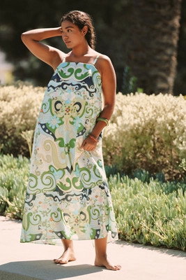 De Loreta Petite Festivo Strapless Printed Flounce Midi Dress | Anthropologie (US)