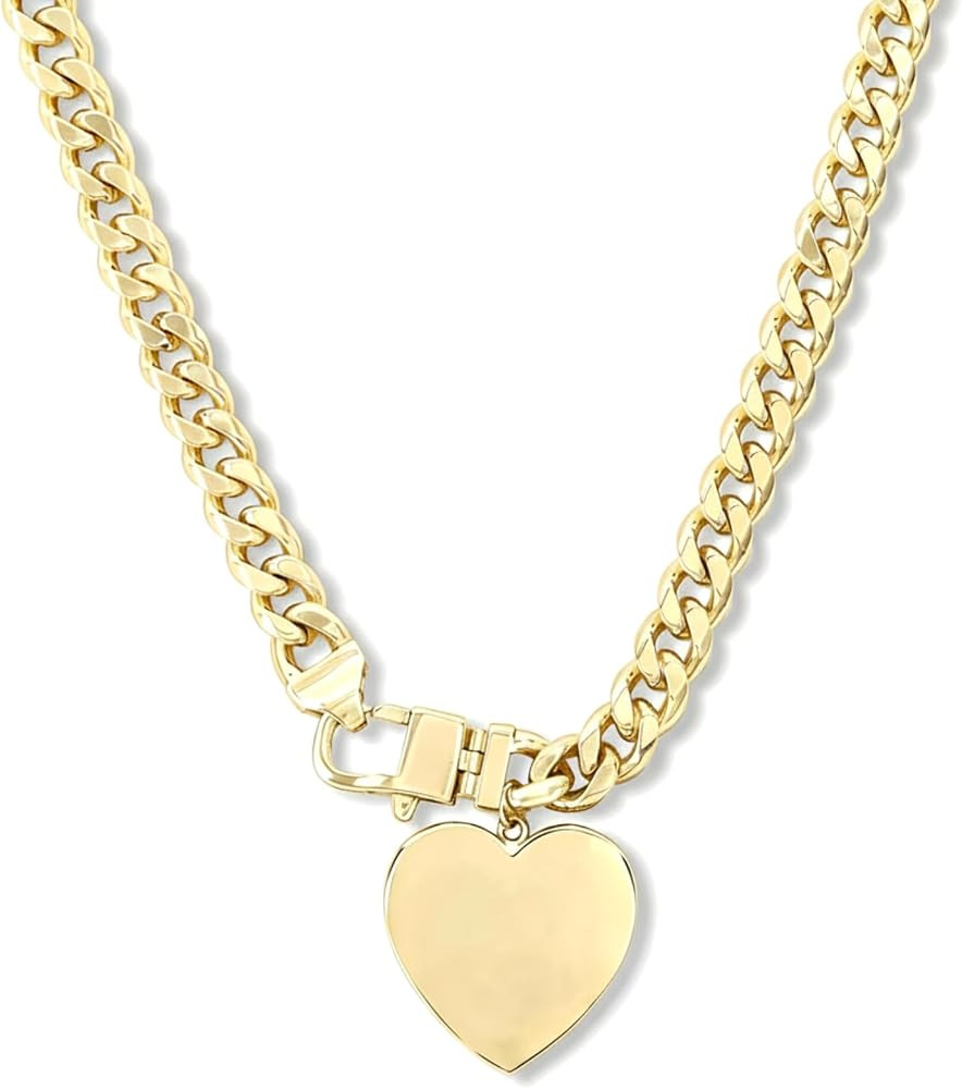 Chunky Cuban Link Necklace for Women, 7mm Thick Chain with 24mm Heart Pendant 18 Inch Gold Plated... | Amazon (US)
