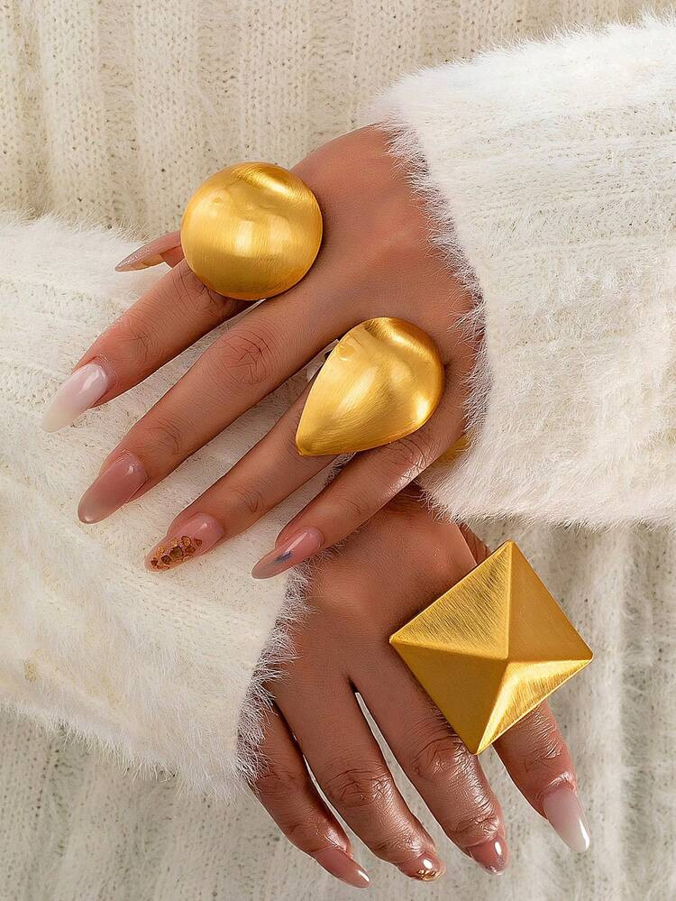 3 Pcs Gold Plated Geometric Statement Rings Set - Oversized Exaggerated Chunky Rings Jewelry Suitable For Daily Wear , Party | SHEIN