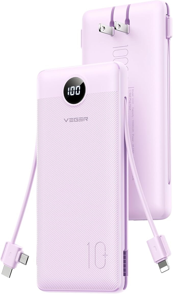 VEGER AC Wall Plug Portable Charger, 10000mah Slim Portable Charger Built in Cables, USB C Power ... | Amazon (US)