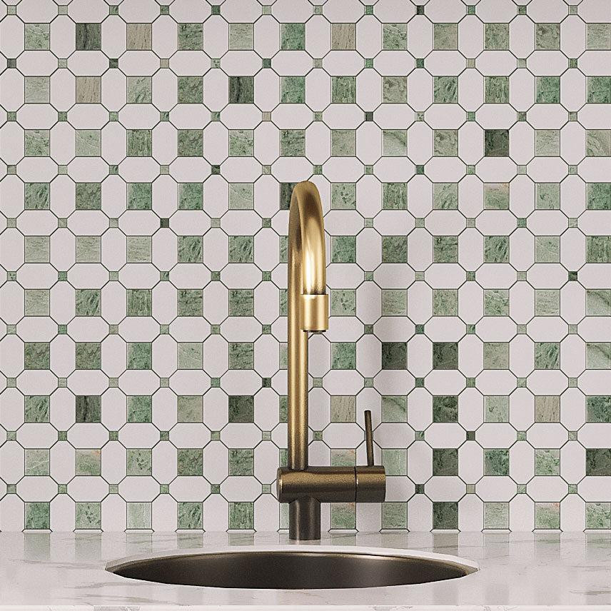 Envy Green Octagon and Thassos Square Marble Mosaic Tile | Tile Club