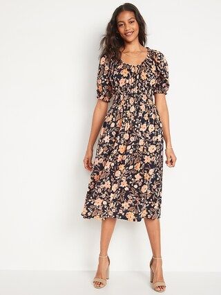 Waist-Defined Puff-Sleeve Floral-Print Smocked Midi Dress for Women | Old Navy (US)