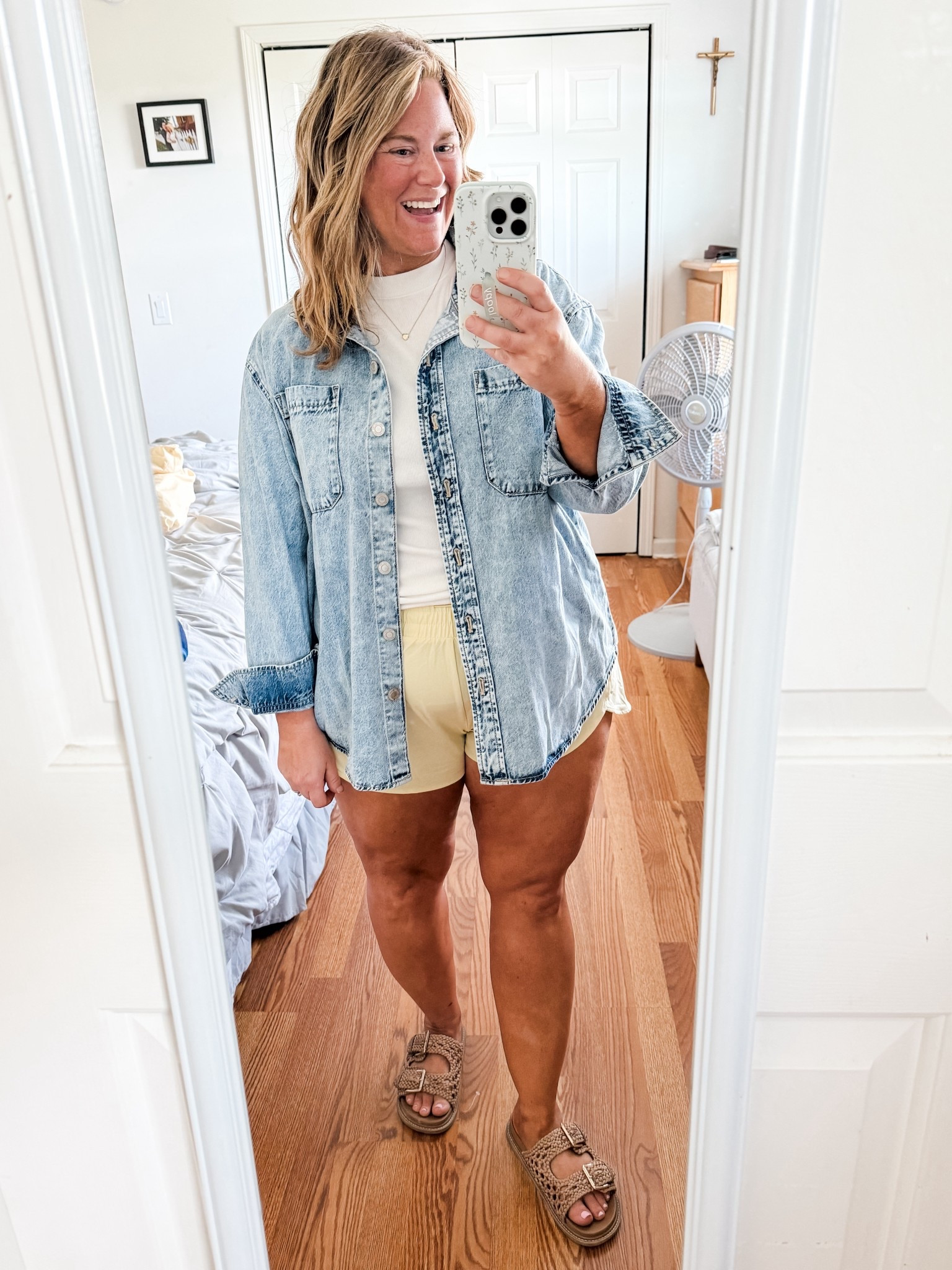 Denim shirt is an XL, athletic shorts are an XL, tee is an XL 

#LTKSeasonal #LTKMidsize #LTKActive