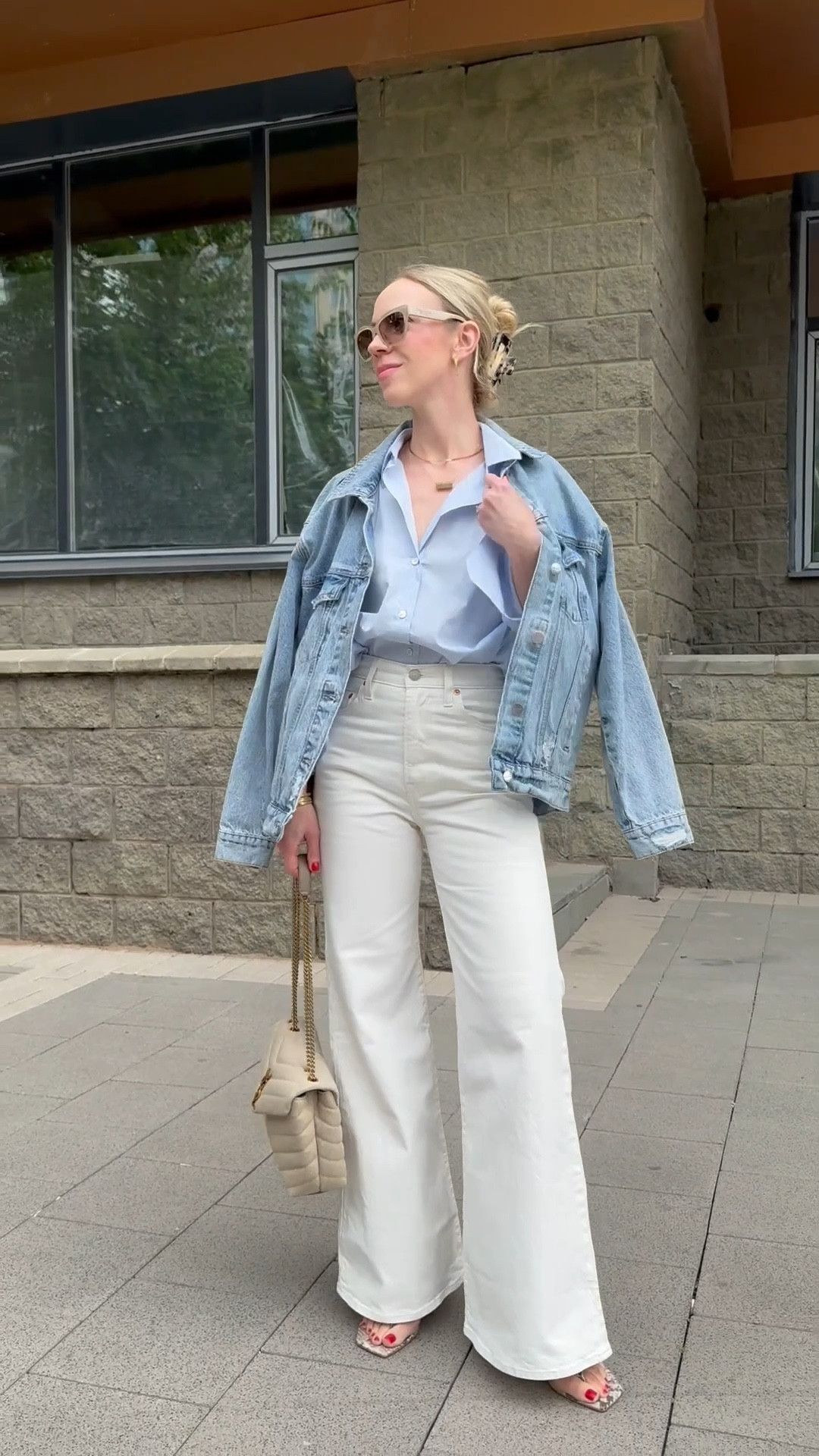 Spring outfit 2026, denim on denim, white flare jeans, oversized denim jacket, snakeskin print sandals 

#LTKOver40 #LTKSeasonal #LTKSaleAlert