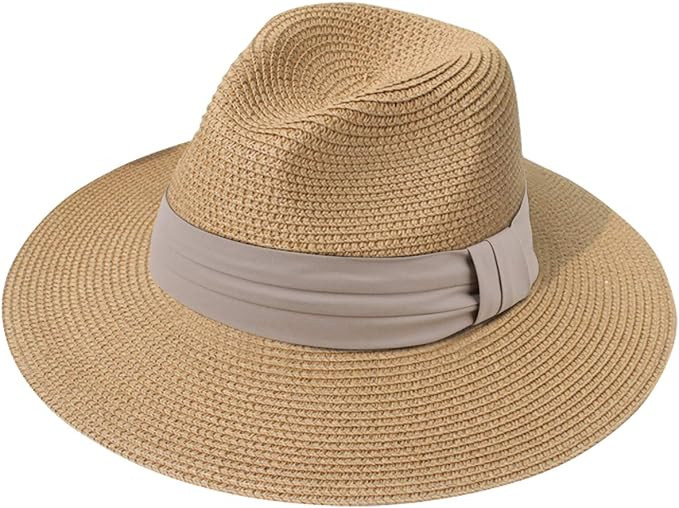 Lanzom Women Wide Brim Straw Panama Roll up Hat Fedora Beach Sun Hat UPF50+ | Amazon (US)