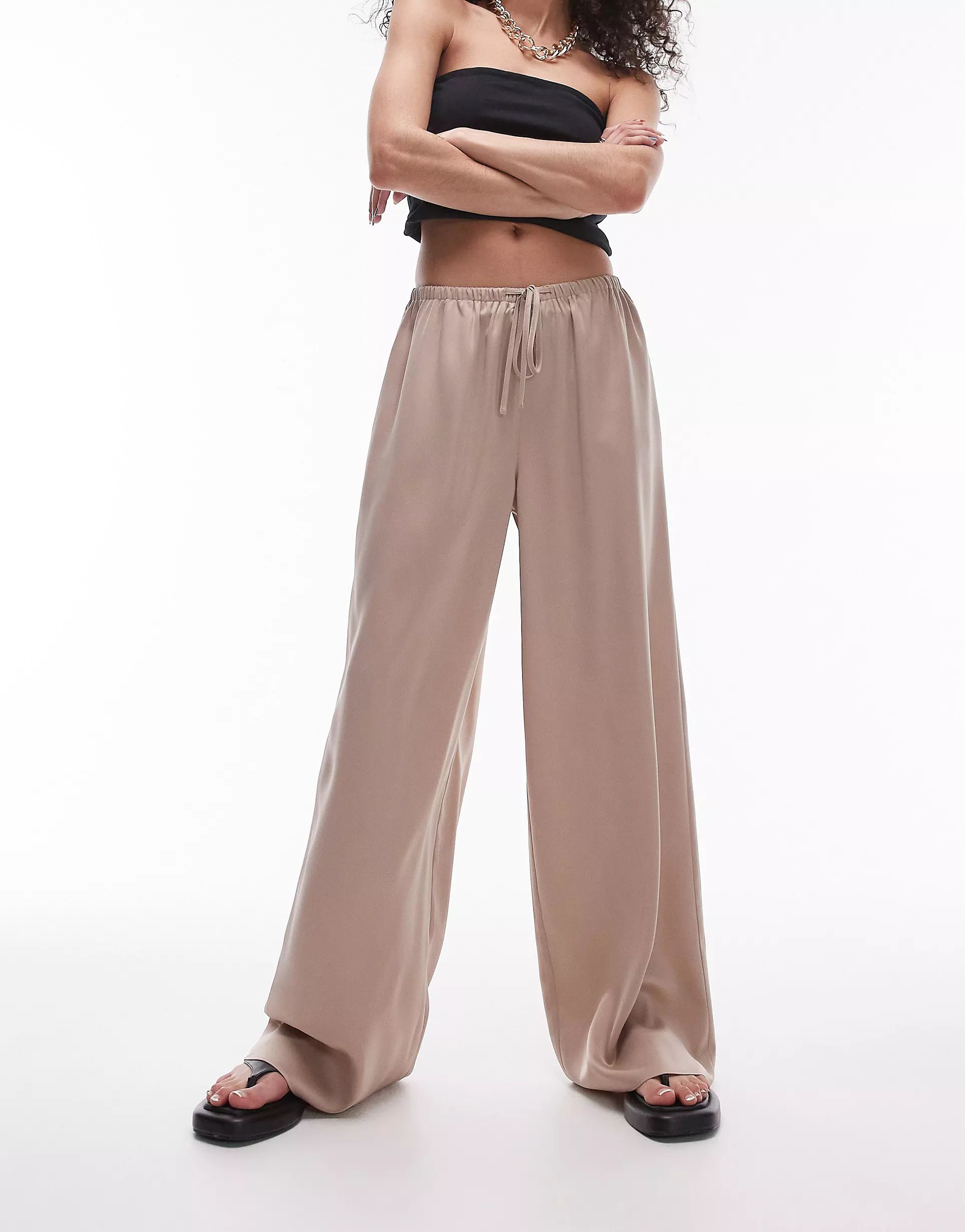 Topshop satin straight leg drawcord trouser in taupe | ASOS (Global)