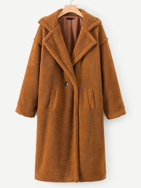 Single-button Solid Teddy Coat | SHEIN