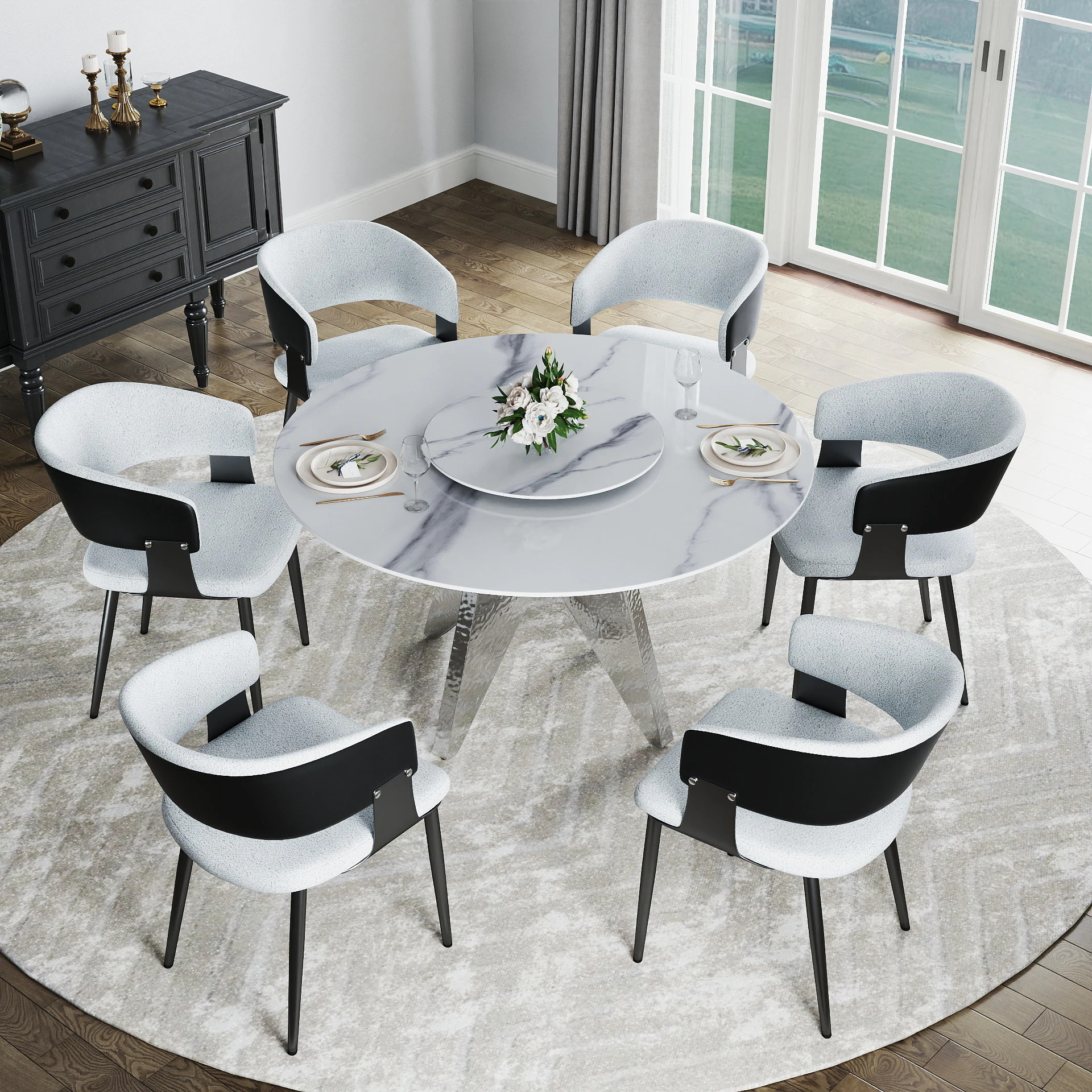 BuotiqHom 53 in. White + Lazy Susan Round Contemporary/Modern Ceramic Dining Table, with Primed Finish and Steel 53-in L x 29.5-in H Rubber | Lowe's