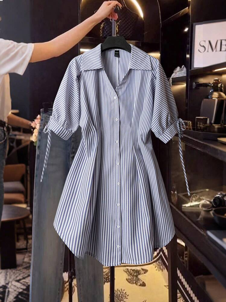 Franclia Elegant Short Sleeve Striped Shirt, Fitted Waist Puff Sleeve Dress, Suitable For Women | SHEIN
