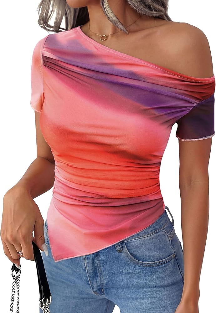 PRETTYGARDEN Womens Summer Off The Shoulder Tops 2026 Spring Short Sleeve Mesh Tie Dye Shirt Ruch... | Amazon (US)