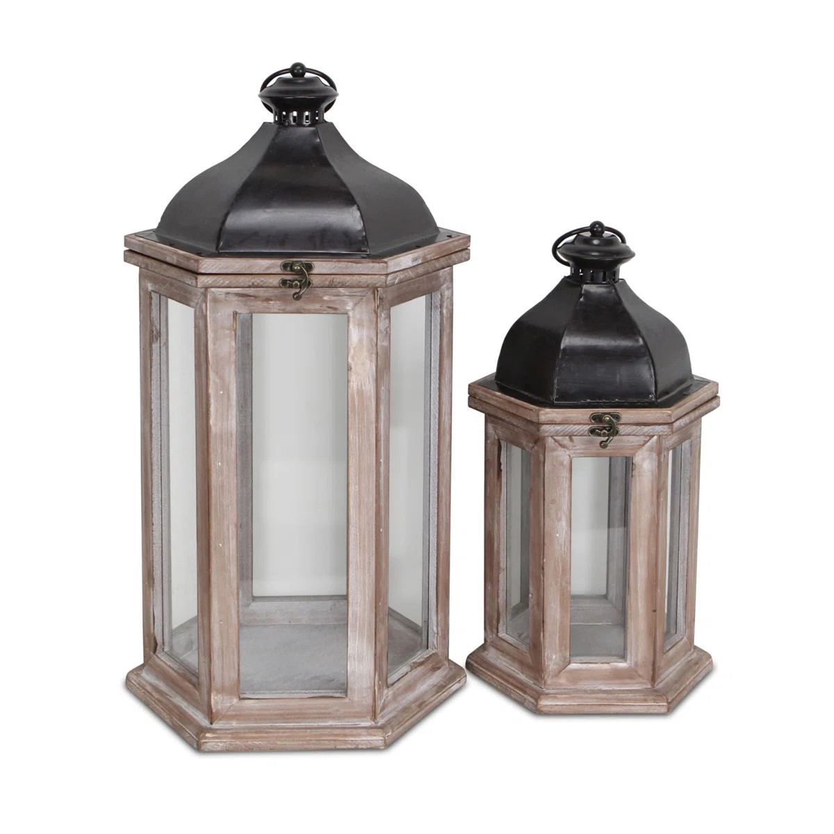 Latitude Run® Set of Two Brown Geometric Solid Wood Floor Lantern Candle Holders | Wayfair | Wayfair North America