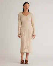 Cotton Cashmere Ribbed Long Sleeve V-Neck Midi Dress | Quince