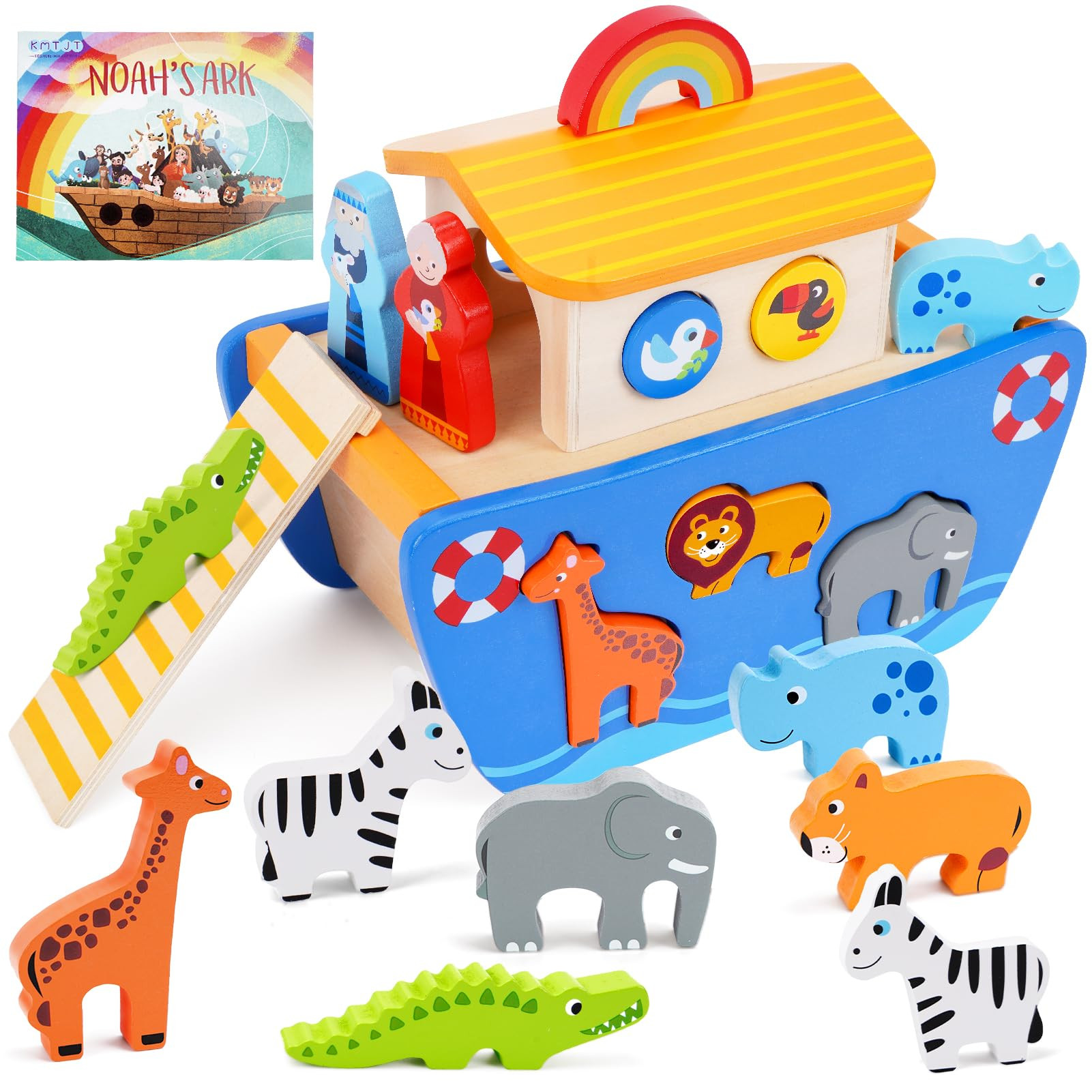 KMTJT Toddlers Wooden Noah's Ark Toy Animal Playset, Baptism Gifts for 1 2 3 Boys Girls, Shape So... | Amazon (US)
