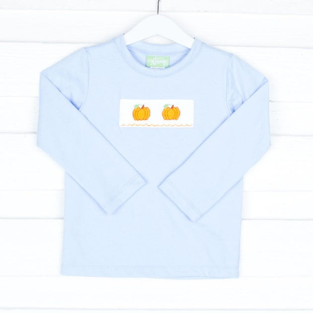 Smocked Pumpkins Long Sleeve Light Blue Knit T-Shirt | Classic Whimsy