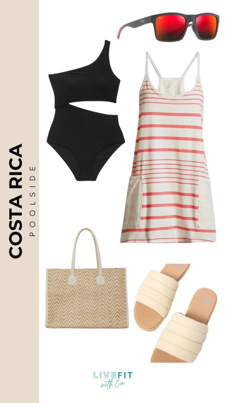 Poolside perfection is all about comfort meeting style 😎. This asymmetric black swimsuit is making a splash, while the striped tank dress is just the right cover-up for a quick transition to a casual lunch. Don't forget the chic slides and a roomy tote for all your sun essentials. And those sunglasses? A bright touch to watch the waves roll in. Ready to dive into your vacay mode? Shop this look now! #PoolsideChic #VacationReady #CostaRicaVibes

#LTKswim #LTKSeasonal