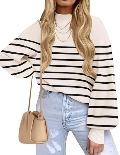 ZESICA Women's Casual Turtleneck Long Lantern Sleeve Fall 2025 Oversized Ribbed Knit Pullover Sweater Jumper Top,ApricotStripe,Small | Amazon (US)