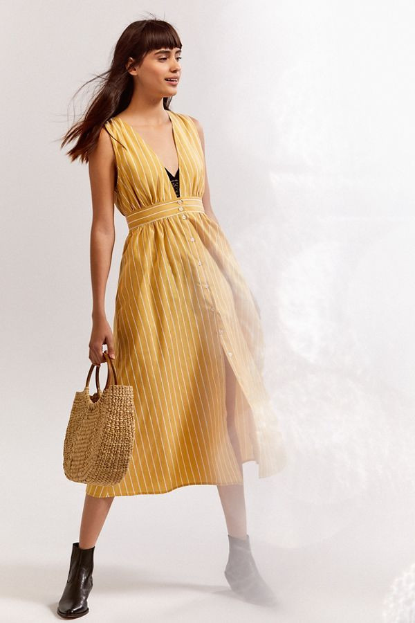 UO Striped Button-Down Plunging Midi Dress | Urban Outfitters US