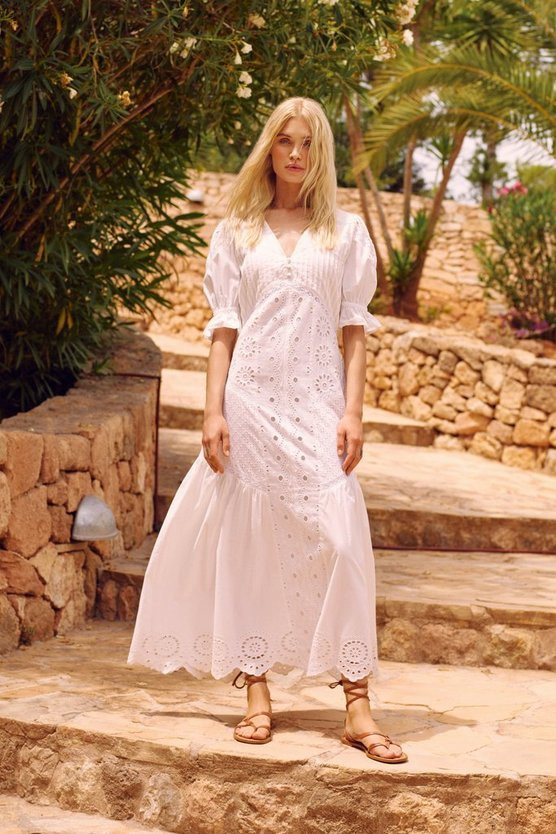 Mixed Broderie Button Front Puff Sleeve Maxi Dress | Warehouse UK & IE