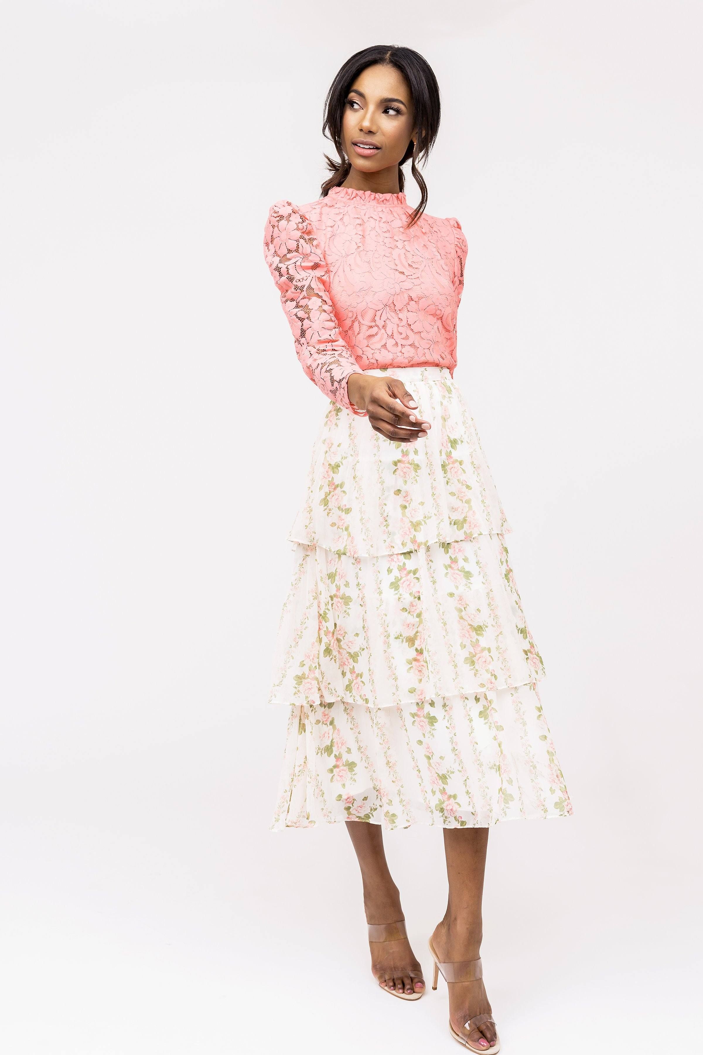 Tiered Chiffon Midi Skirt - Pink Floral Stripe | Rachel Parcell