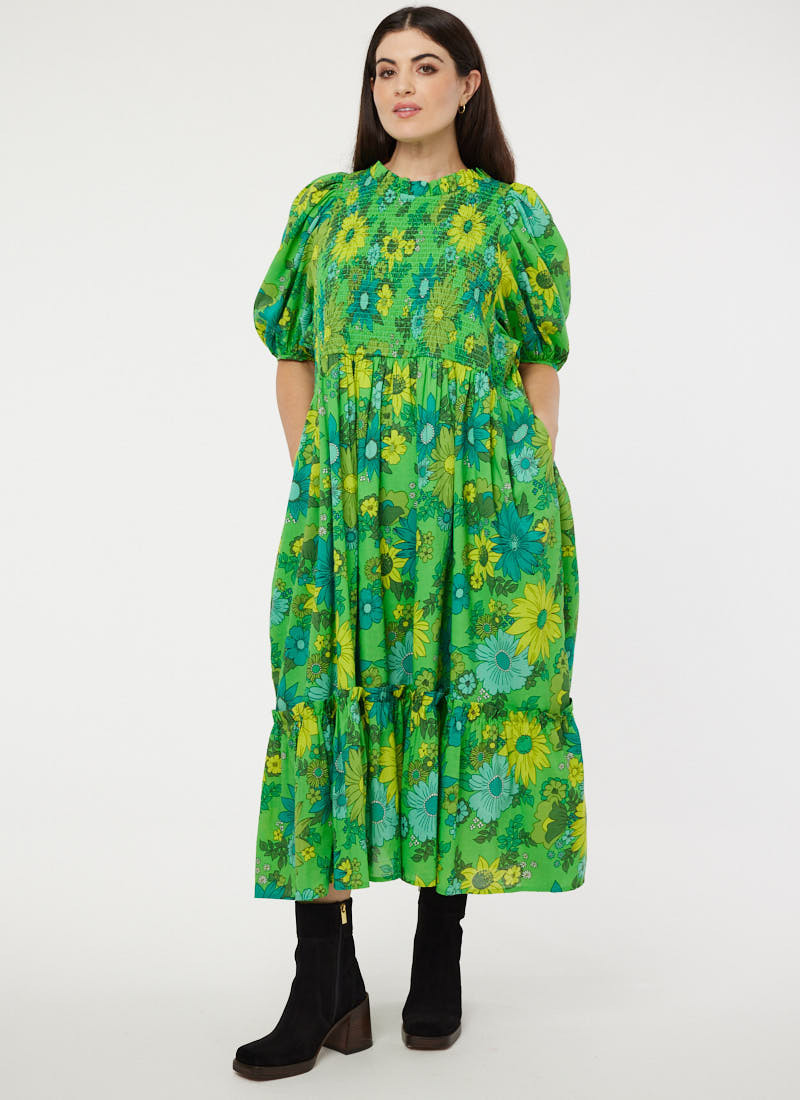 Priya Vintage Floral Print Puff Sleeve Midi Dress | Joanie