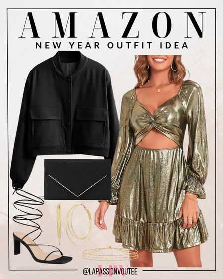 Make a statement this New Year in a glitter party dress layered with a chic bomber jacket. Carry your essentials in a luxe suede clutch bag, step into the night with strappy block high heels, and adorn yourself with gold hoop earrings and a matching bracelet. Shine on and welcome the festivities!

#LTKstyletip #LTKSeasonal #LTKHoliday