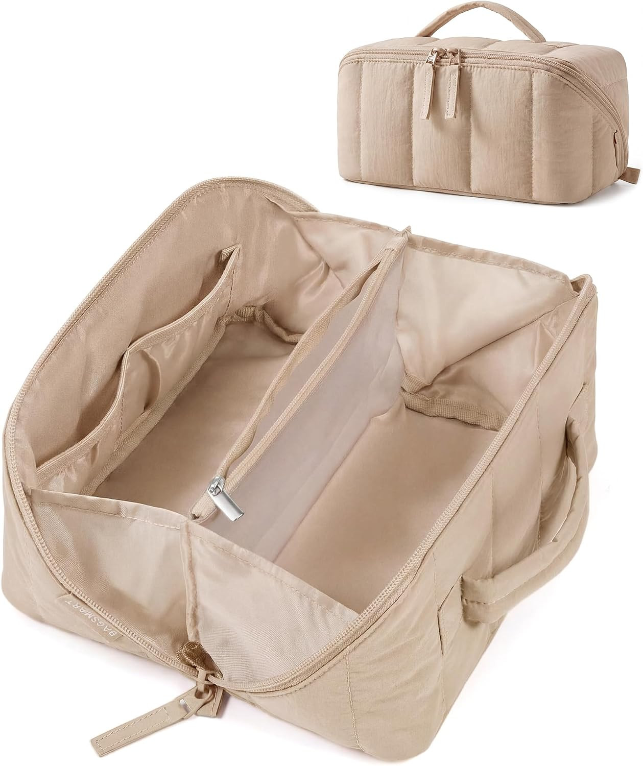 BAGSMART Travel Makeup Bag for Women, Portable Water-resistant Cosmetic Case, Puffy Padded Make Up Organizer Pouch, Open Flat Toiletry Bag for Toiletries, Brushes, Khaki | Amazon (US)