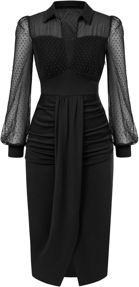 Belle Poque Womens Vintage Dress Mesh Long Sleeve Dress Ruched Dress for Work | Amazon (US)