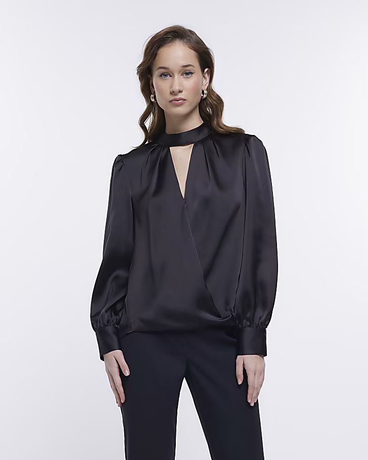 Black satin wrap long sleeve blouse | River Island (UK & IE)