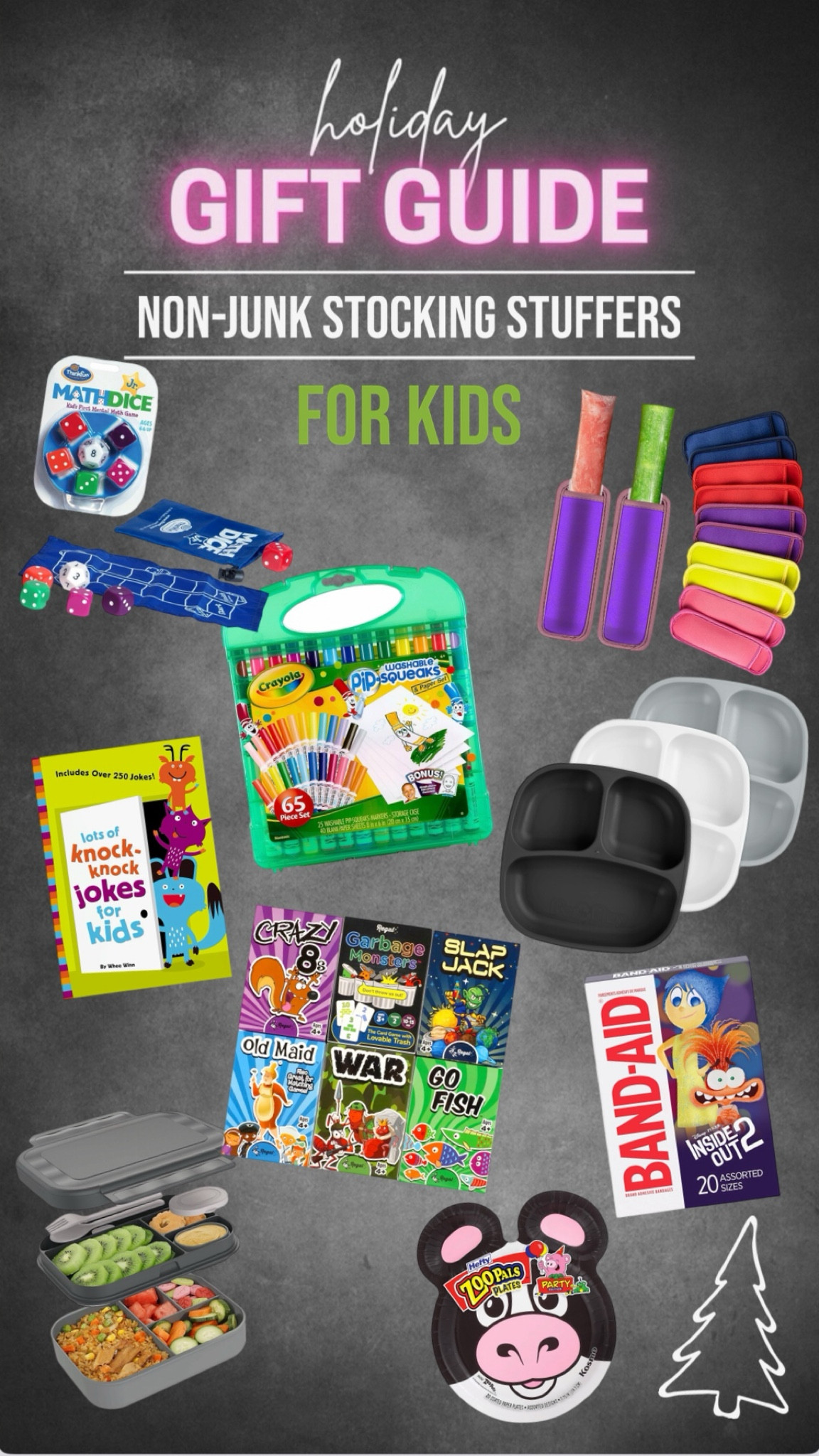 Non-Junk Stocking Stuffers for the kiddos - plates, card games, markers with a case, Popscicle holders, math game, band-aids, knock knock jokes 

#LTKGiftGuide #LTKKids #LTKFamily