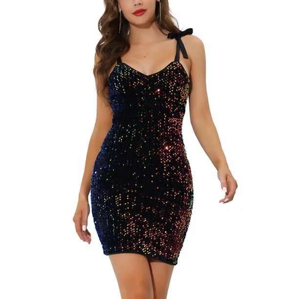 Allegra K Women's Glitter Sequin V Neck Tie Strap Bodycon Stretchy Party Mini Dresses - Walmart.c... | Walmart (US)