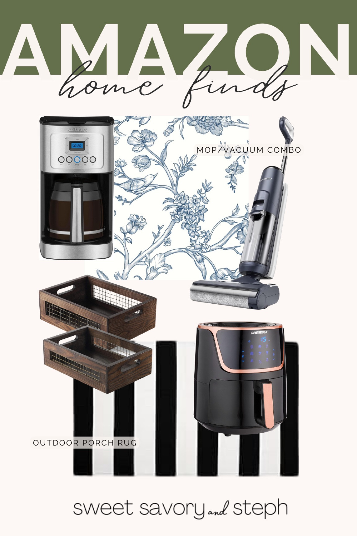 Home finds from Amazon I have used and love! My most recent purchase was the Tineco mop/vacuum which is a game changer. The blue floral wallpaper, coffee machine is my fav I’ve repurchased multiple times, baskets for storage, black and white striped outdoor porch run, favorite rose gold air fryer.

#LTKHome