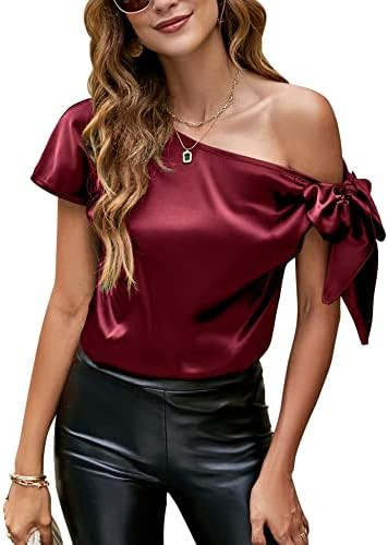 VIDUSSA Women's Off Shoulder Silk Tops Casual Short Sleeve Asymmetrical Neck Satin Blouse Shirts | Amazon (US)