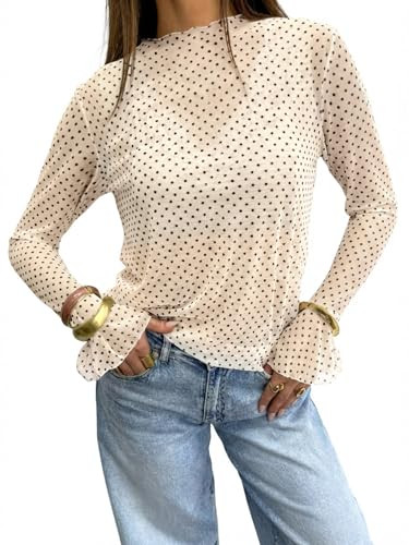 Tankaneo Womens Polka Dot Mesh Tops Going Out Long Bell Sleeve T Shirts | Amazon (US)