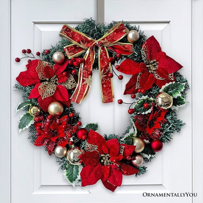 Refined Red and Gold 20" Christmas Wreath, Poinsettias, Ribbons and Ornament Baubles| OrnamentallyYou | Target