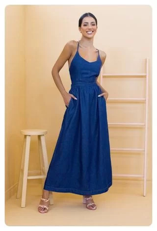 Vestido Longo Sisal Jeans Alça Fina e Amarração Azul | Dafiti (BR)